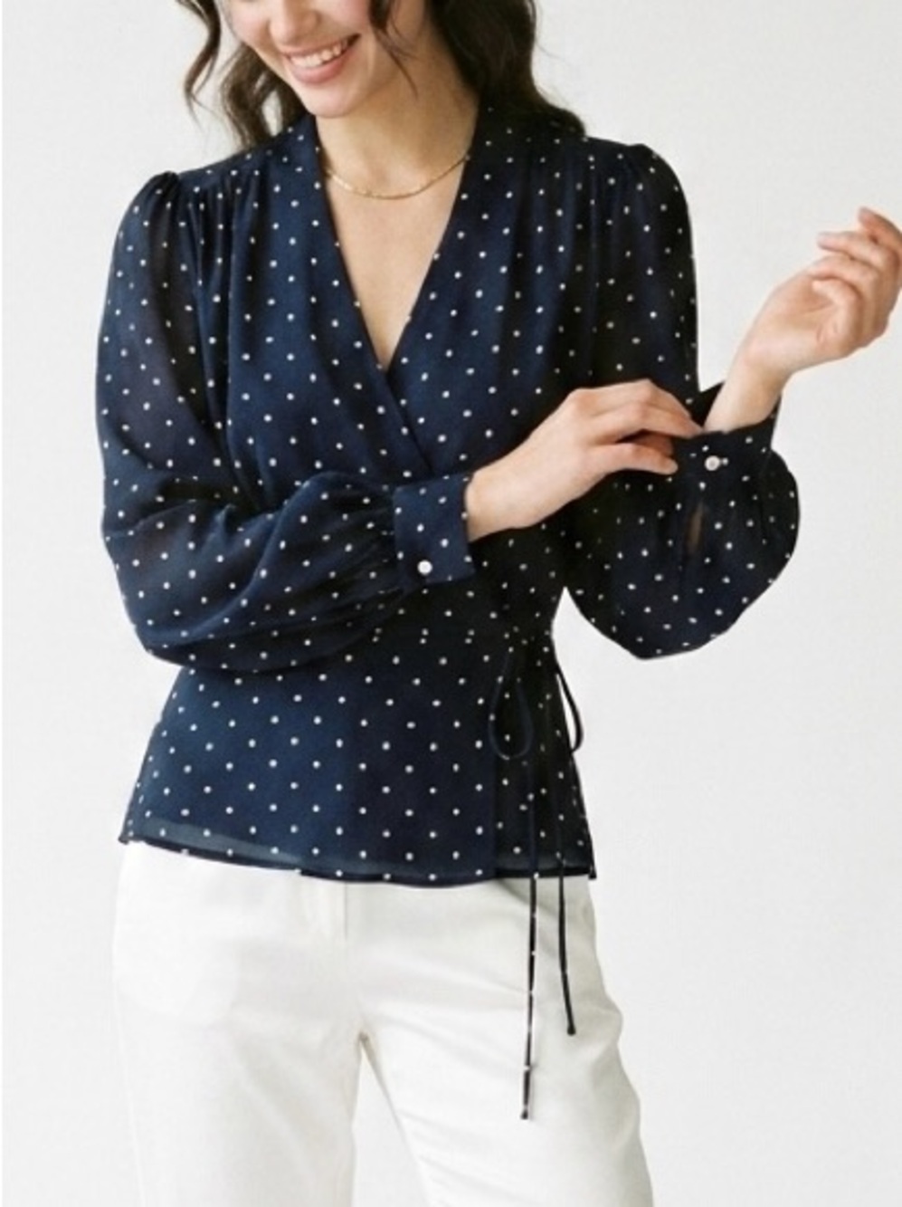 L’AGENCE Cara Navy Polka Dot 100% Silk Wrap Blouse Size S